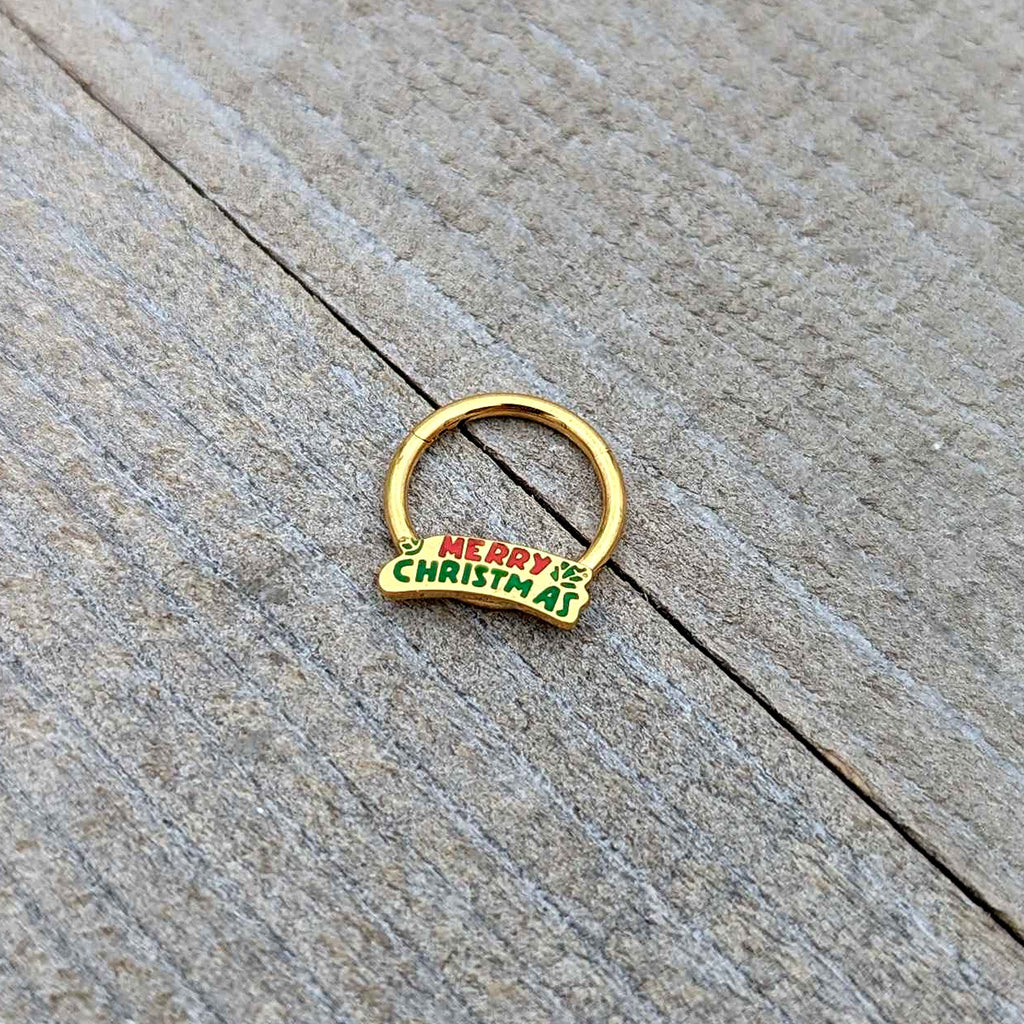 16G 3/8 Gold Tone Merry Christmas Inlay Hinged Segment Ring