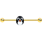 14G Gold Tone Round Penguin Face Holiday Industrial Barbell 38mm