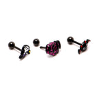16G 1/4 Black Halloween Skull Bat Reaper Cartilage Earring Set of 3