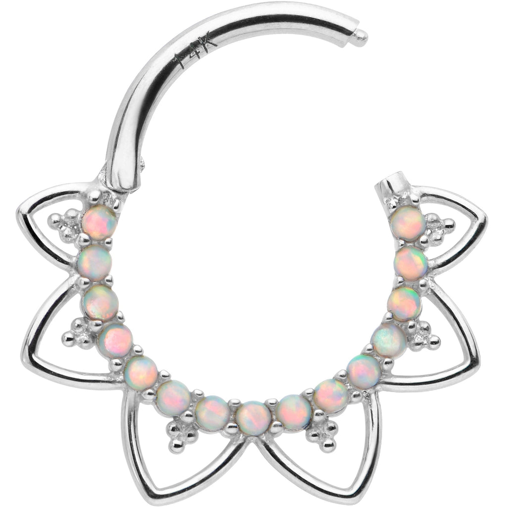 16G 3/8 White Synthetic Opal 14k White Gold Filigree Hinged Segment Ring
