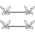 14G 9/16 Clear CZ Gem Butterflies Barbell Nipple Ring Set