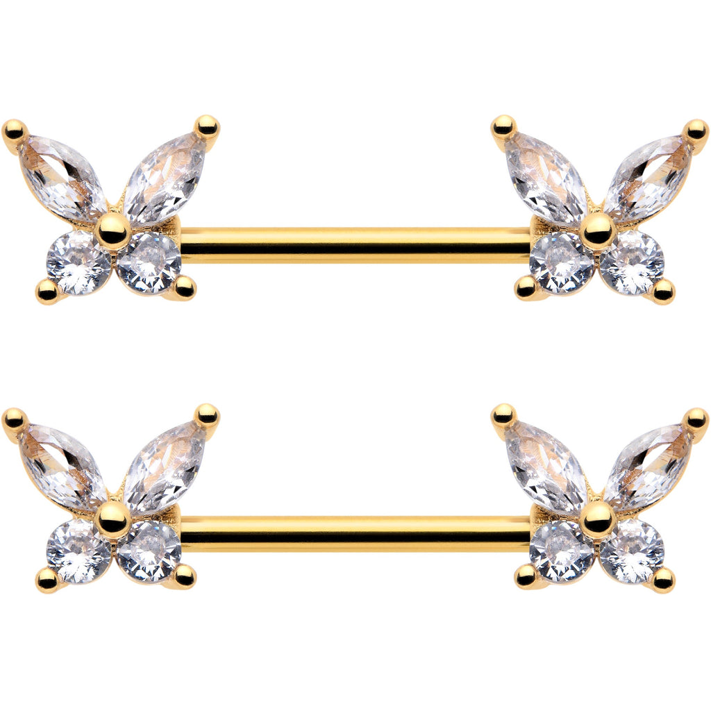 14G 9/16 Clear CZ Gem Gold Tone Butterflies Barbell Nipple Ring Set