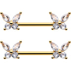 14G 9/16 Clear CZ Gem Gold Tone Butterflies Barbell Nipple Ring Set