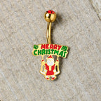 Red Gem Gold Tone Merry Christmas Santa Inlaid Belly Ring