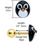 16G 1/4 Gold Tone Round Penguin Face Holiday Cartilage Earring