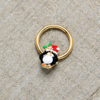 16G 3/8 Gold Tone Holly Hat Penguin Holiday Hinged Segment Ring
