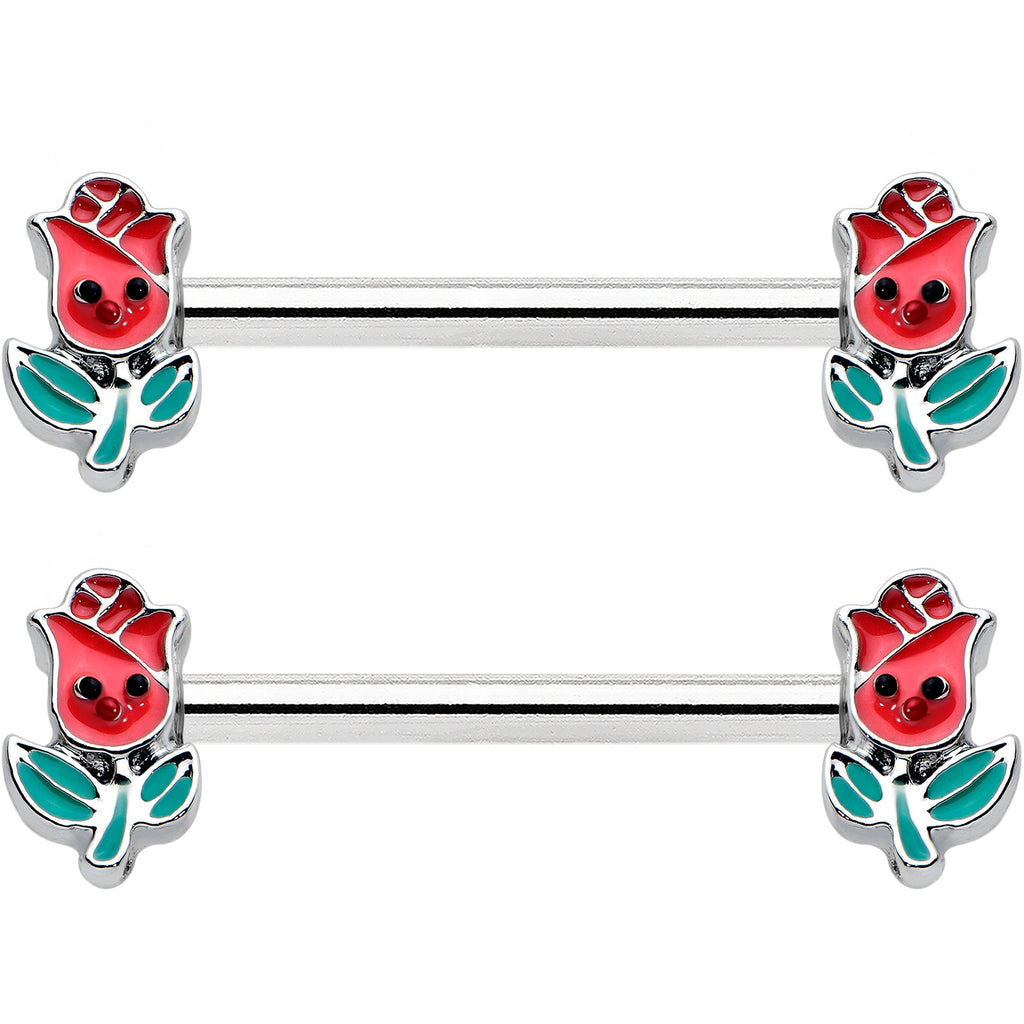 14G 9/16 Sweet Happy Rose Flower Barbell Nipple Ring Set