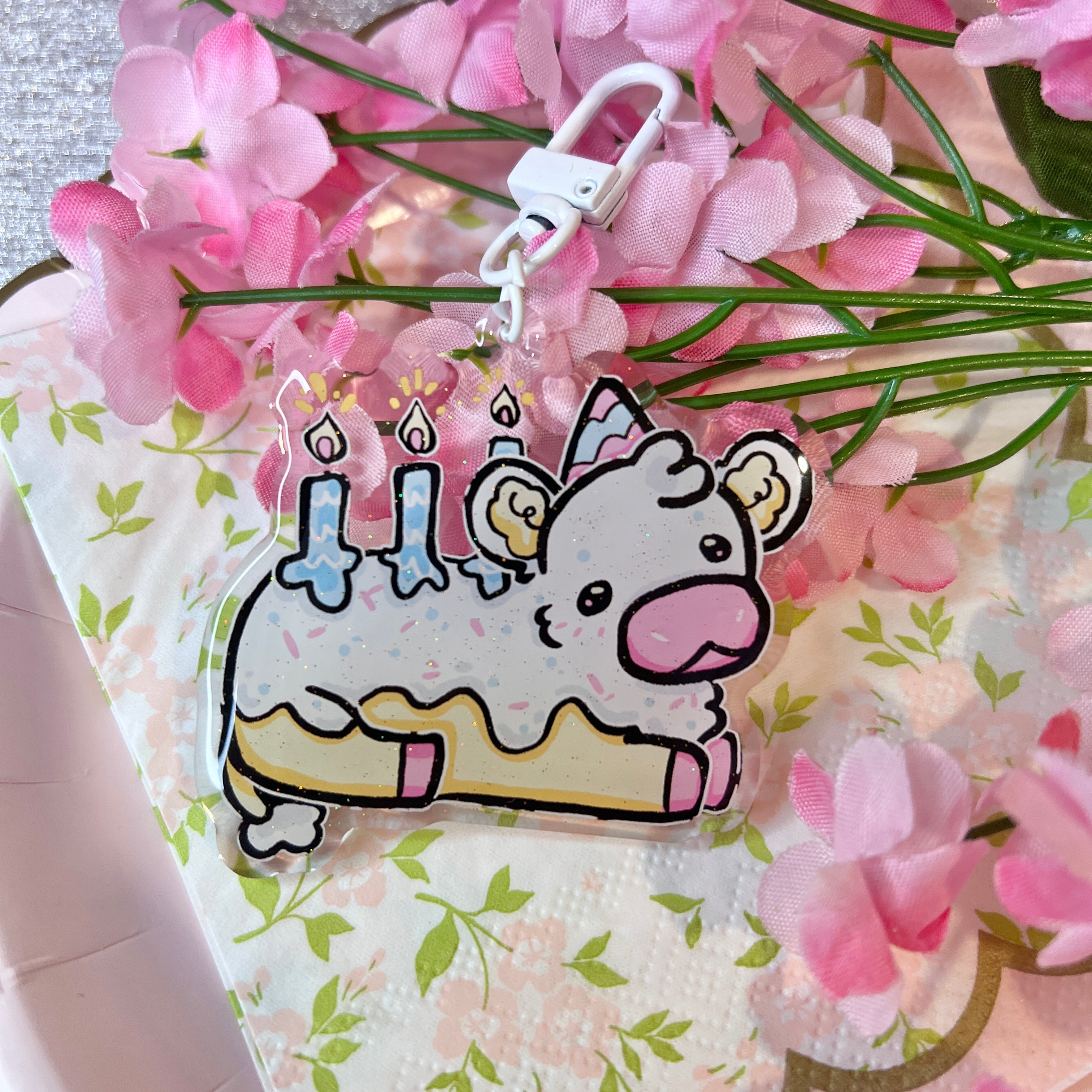Icing the Birthday Cow! ~ Glitter Acrylic Keychain Charm