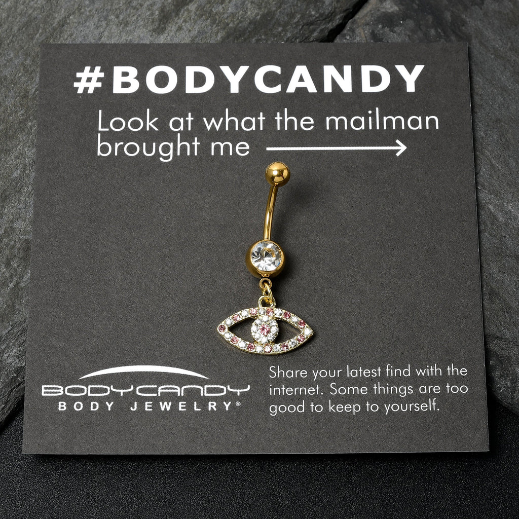 Pink Clear Gem Gold Tone Wide Eye Dangle Belly Ring