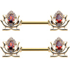 14G 9/16 Red Gem Gold Tone Royal Lotus Barbell Nipple Ring Set