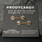 14G 9/16 Red Gem Gold Tone Royal Lotus Barbell Nipple Ring Set