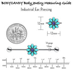 14G Blue Faux Opal Flower Teal Petals Industrial Barbell 38mm