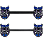14G 9/16 Purple Blue Gem Black Opulent Owl Barbell Nipple Ring Set