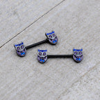 14G 9/16 Purple Blue Gem Black Opulent Owl Barbell Nipple Ring Set