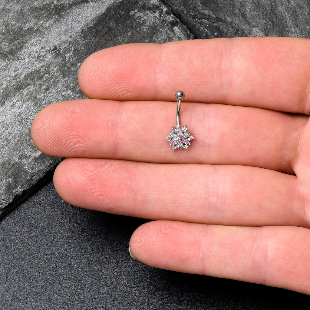 16G 5/16 Pink Clear CZ Gem Snowflake Style Curved Eyebrow Ring