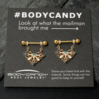14G 9/16 Blue Gem Gold Tone Lacy Rhombus Dangle Nipple Ring Set