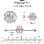 14G Pink Clear CZ Gem Snowflake Style Industrial Barbell 38mm