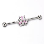 14G Pink Clear CZ Gem Snowflake Style Industrial Barbell 38mm