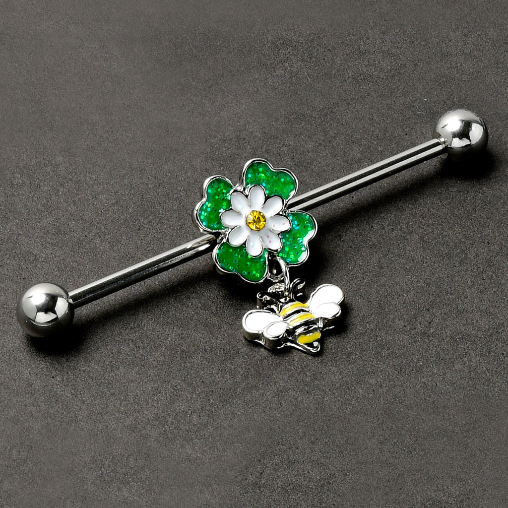 14G Yellow Gem Daisy Bee Glittery Dangle Industrial Barbell 38mm