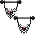 14G 11/16 Red Gem Black Gothic Bat Heart Nipple Shield Set