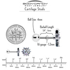 16G 1/4 Aurora CZ Gem Snowflake Style Cartilage Tragus Earring