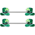 14G 9/16 Glitter Top Hat Shamrock Barbell Nipple Ring Set