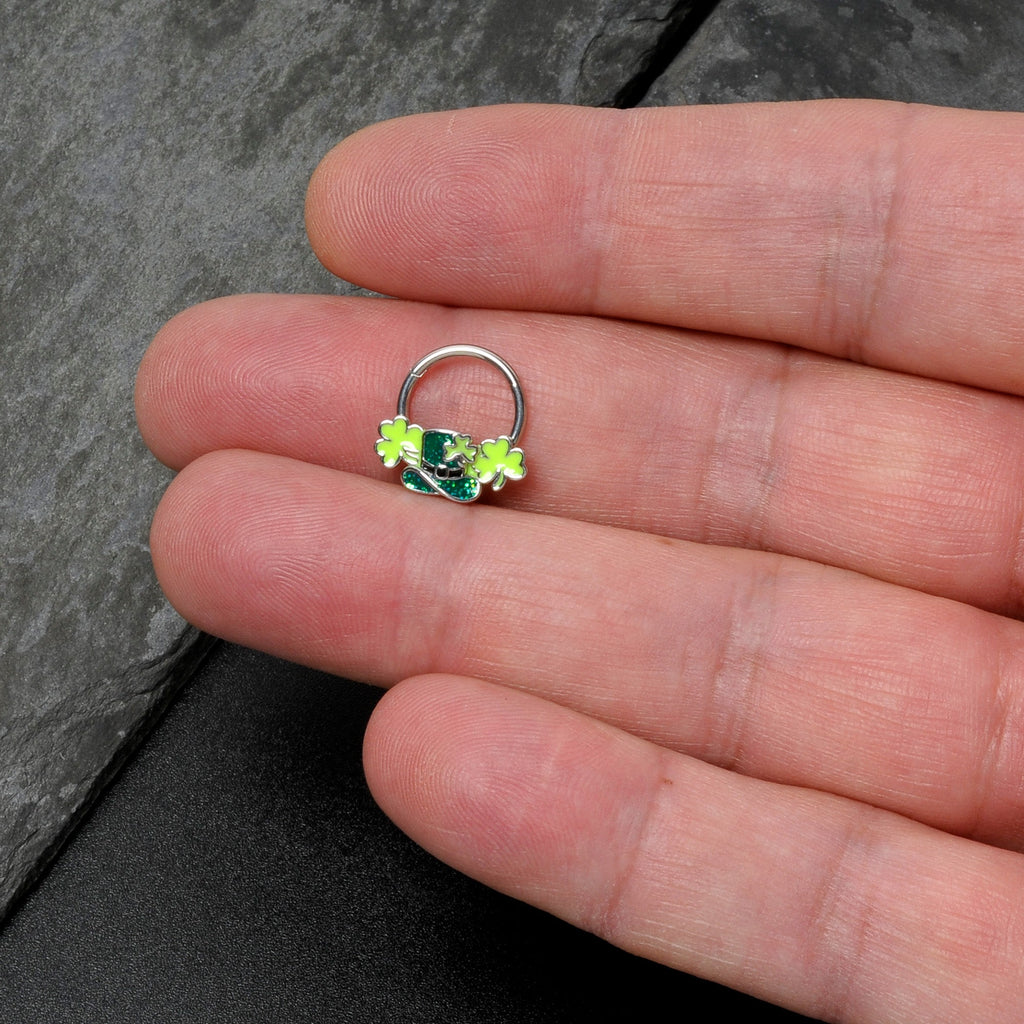 16G 3/8 Glitter Top Hat Shamrocks St Patricks Hinged Segment Ring