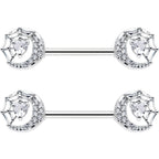 14G 9/16 Clear CZ Gem Heart Web Moon Barbell Nipple Ring Set