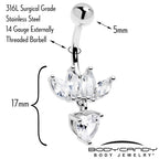 Clear Gem Quartet Heart Dangle Belly Ring