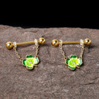 14G 9/16 Clear Gem Gold Hue Lucky Shamrock Dangle Nipple Ring Set
