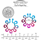 Rainbow Trippy Flower Clip On Fake Nipple Ring Set