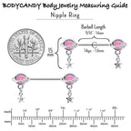 14G 9/16 Pink CZ Gem Starry Saturn Dangle Nipple Ring Set