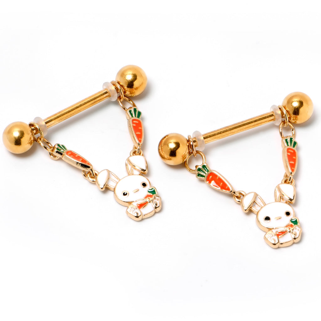 14G 9/16 Gold Tone Cutie Easter Bunny Dangle Nipple Ring Set