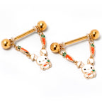 14G 9/16 Gold Tone Cutie Easter Bunny Dangle Nipple Ring Set