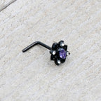 20G 7mm Purple Gem Black Scrolling Hearts L Shape Nose Ring
