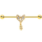 14G Clear Gem Gold Hue Seeing Money Dangle Industrial Barbell 38mm