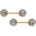 14G 9/16 Clear CZ Gem Gold Tone Flower Threadless Nipple Ring Set