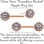 14G 9/16 Clear CZ Gem Rosy Tone Flower Threadless Nipple Ring Set