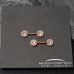 14G 9/16 Clear CZ Gem Rosy Tone Flower Threadless Nipple Ring Set