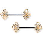 14G 9/16 Clear Gem Golden Crown Deluxe Barbell Nipple Ring Set