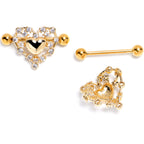 14G 9/16 Clear CZ Gem Gold Tone Heart Duo Nipple Shield Set