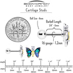 16G 1/4 Clear Yellow Gem Dark Butterfly Cartilage Tragus Earring