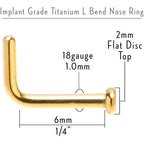 18G 1/4 Gold Tone ASTM F-136 Implant Grade Titanium 2mm Disc L Shape Nose Ring