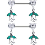 14G 9/16 Clear CZ Gem Hearts And Roses Dangle Nipple Ring Set