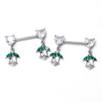 14G 9/16 Clear CZ Gem Hearts And Roses Dangle Nipple Ring Set