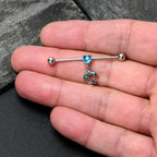 14G Blue CZ Gem Heart And Rose Dangle Industrial Barbell 38mm