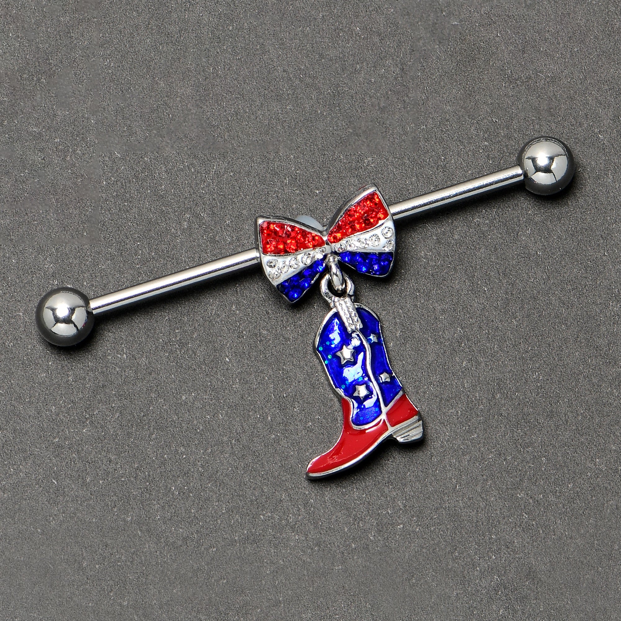 14G Red Blue Gem Bow Cowboy Boot Patriotic Industrial Barbell 38mm