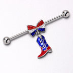 14G Red Blue Gem Bow Cowboy Boot Patriotic Industrial Barbell 38mm