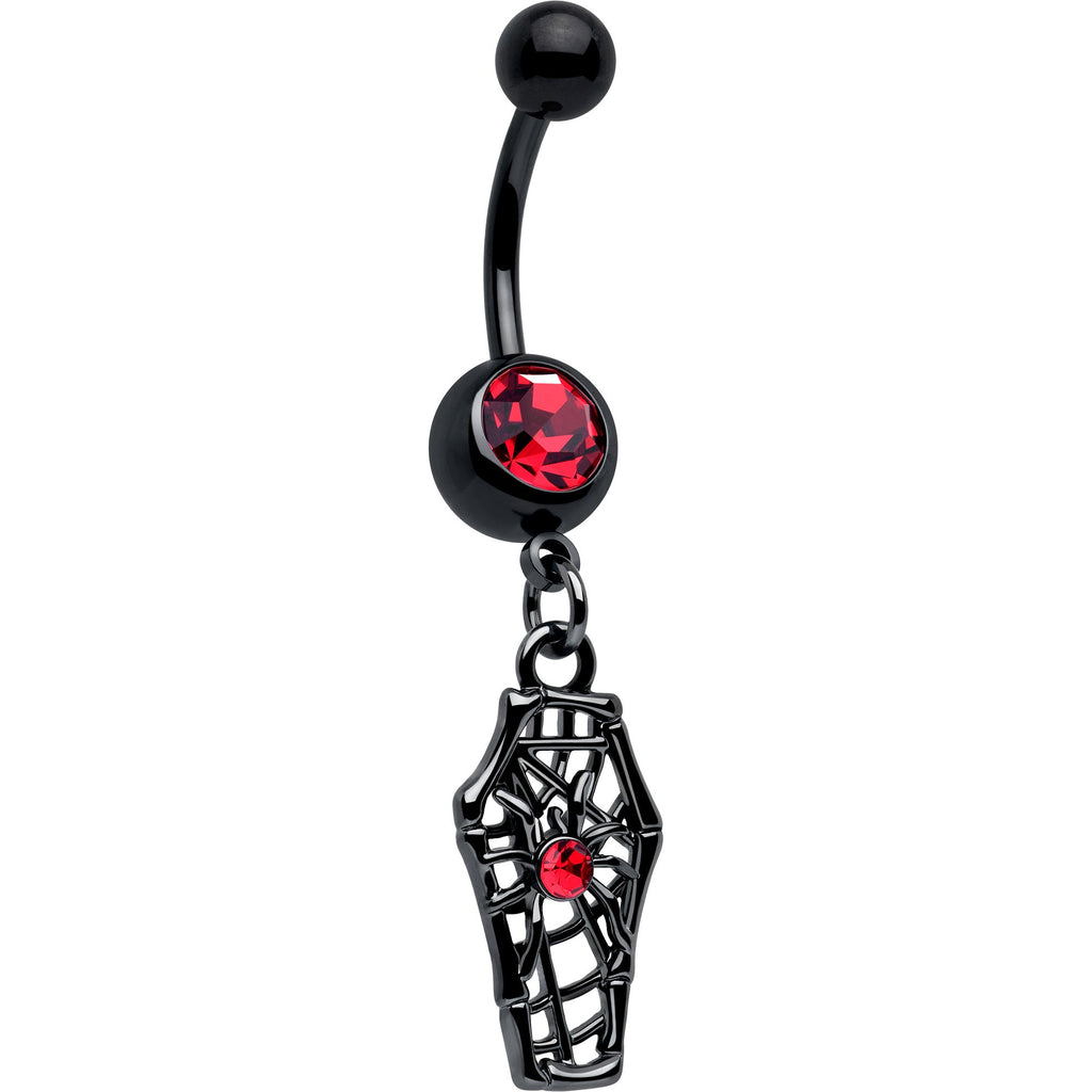 Red Gem Black Spider Coffin Dangle Belly Ring