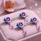 14G Purplish Passion Flower Butterfly Dangle Nipple Ring Set